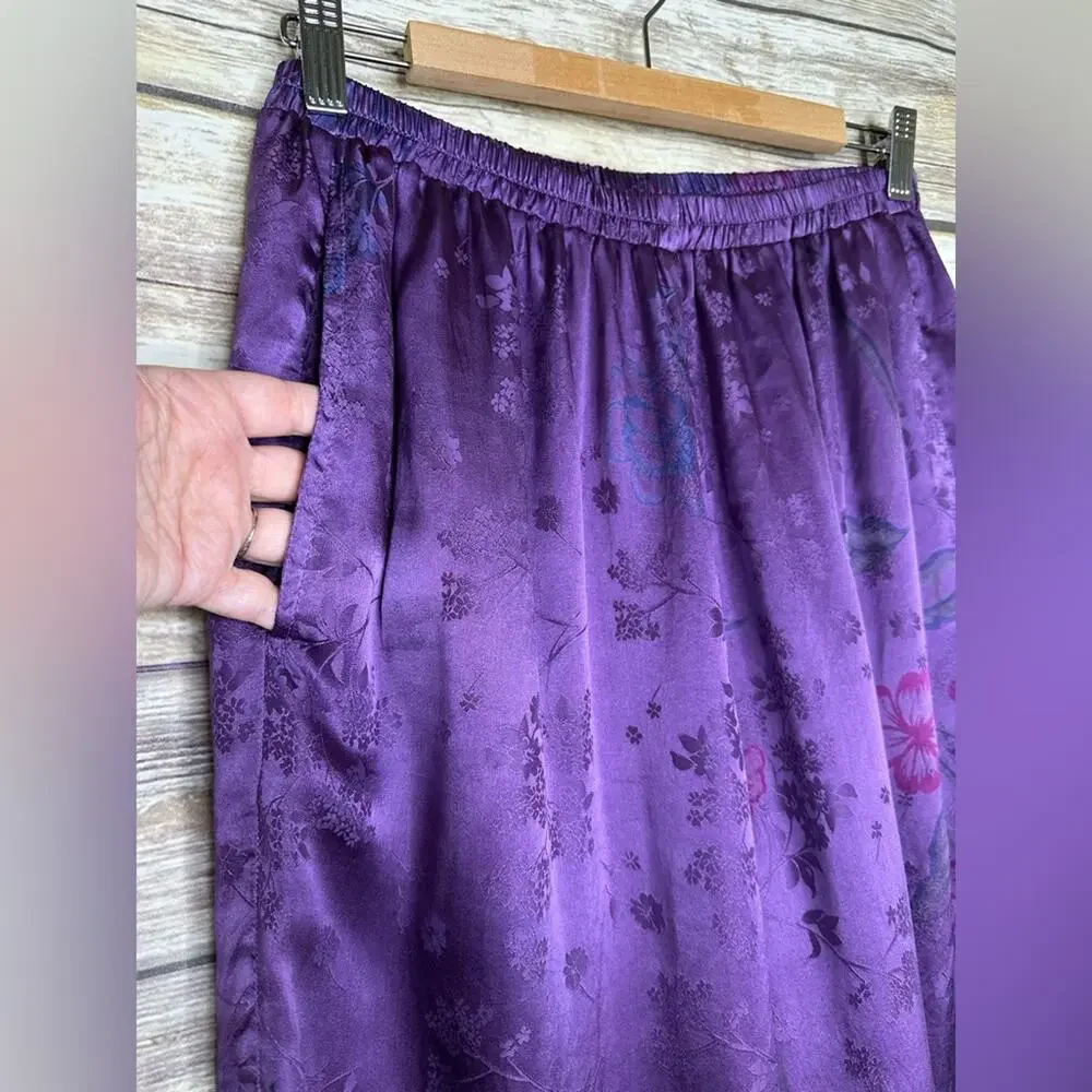 URU Purple Satin Silk V-Neck Sleep Set - Women's Two-Piece Loungewear L